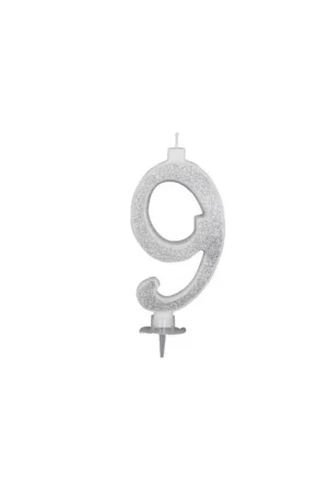 Candelina Glitterata argento numero 9 - altezza 12 cm Reso Gratuito
