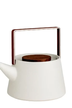 Affare Teiera in ceramica bianca con coperchio in legno