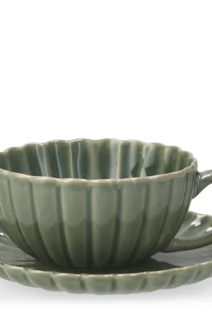 Offerta Lampo H&H Set 6 Tazze Tè Lotus Con Piattino In Stoneware Verde Cc 290