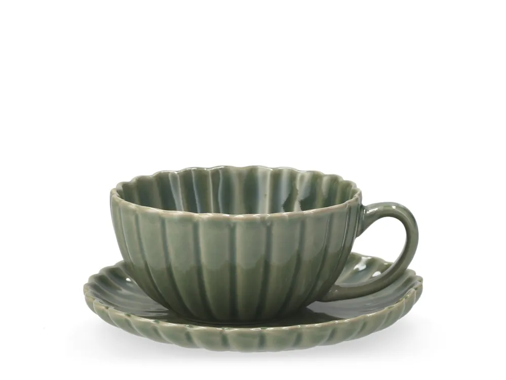 Offerta Lampo H&H Set 6 Tazze Tè Lotus Con Piattino In Stoneware Verde Cc 290