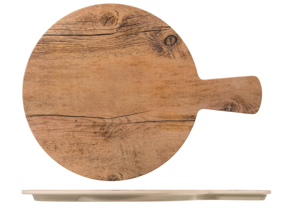 H&H Piatto In Melamina Tondo Decoro Legno Cm28 Con Manico Quantità Limitata