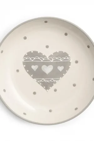 Piatto In Ceramica Decoro Cuore Colore Grigio E Bianco Cm23 Prezzo Ridotto