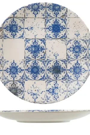 H&H Set 12 Piatti Piani Lotus In Stoneware Blu E Avorio Cm 28 Bestseller