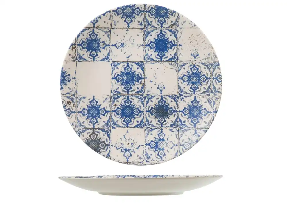 H&H Set 12 Piatti Piani Lotus In Stoneware Blu E Avorio Cm 28 Bestseller